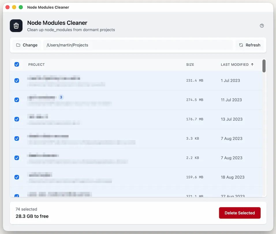 Node Modules Cleaner application showing a list of node_modules folders with sizes and selection checkboxes